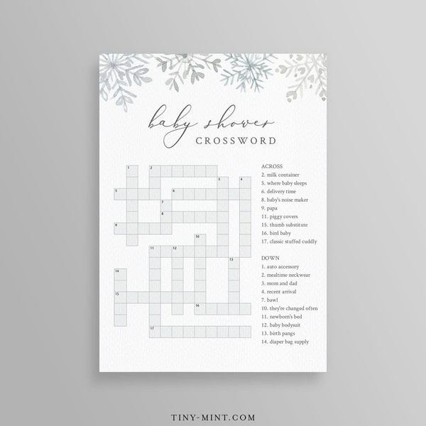 Baby Shower Crossword Game, Printable Snowflake Winter Baby Shower Puzzle, Gender Neutral, Editable, Instant Download, Templett  #113BG08