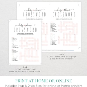 Może przedstawiać: Dwie drukowalne karty z grą w krzyż&oacute;wkę na baby shower. Karty są zaprojektowane do drukowania na papierze o wymiarach 21,6 x 27,9 cm. Karty są oznaczone jako "1-up" i "2-up" i zawierają instrukcje do rozwiązania krzyż&oacute;wki ze słowami związanymi z dzieckiem. Osoba z największą liczbą poprawnych odpowiedzi wygrywa.