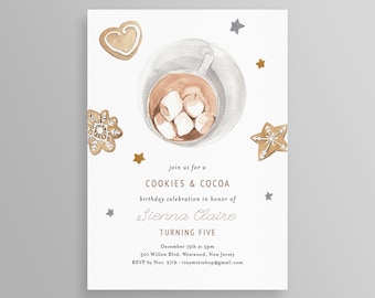 Cookies and Cocoa Birthday Party Invitation, Winter Birthday Invite, Hot Cocoa Birthday, Editable Text, INSTANT DOWNLOAD, Templett #096BD