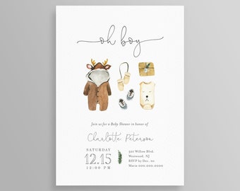 May include: Baby shower invitation with watercolor illustrations of baby clothes and accessories. The invitation reads "oh boy" in elegant script, with details for the event, including the date, time, and location.