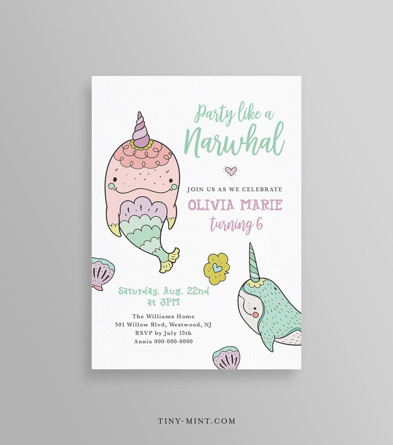 Narwhal Birthday Invitation Template Printable Unicorn Whale | Etsy