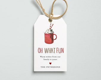 Holiday Tag Template, Printable Christmas Gift Tag, Hot Cocoa, Oh What Fun, Editable Text, INSTANT DOWNLOAD, Templett, 2x3.5 #2019-02HT