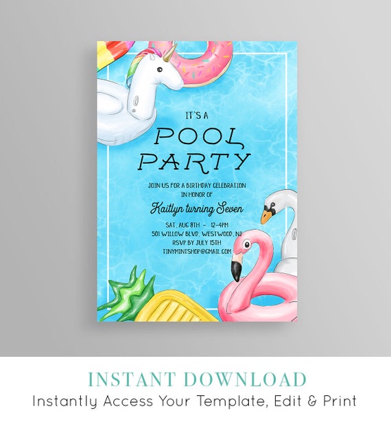 pool party invitation summer bbq birthday party unicorn flamingo floats instant download editable template printable templett 069gbd pool birthday party invitation template