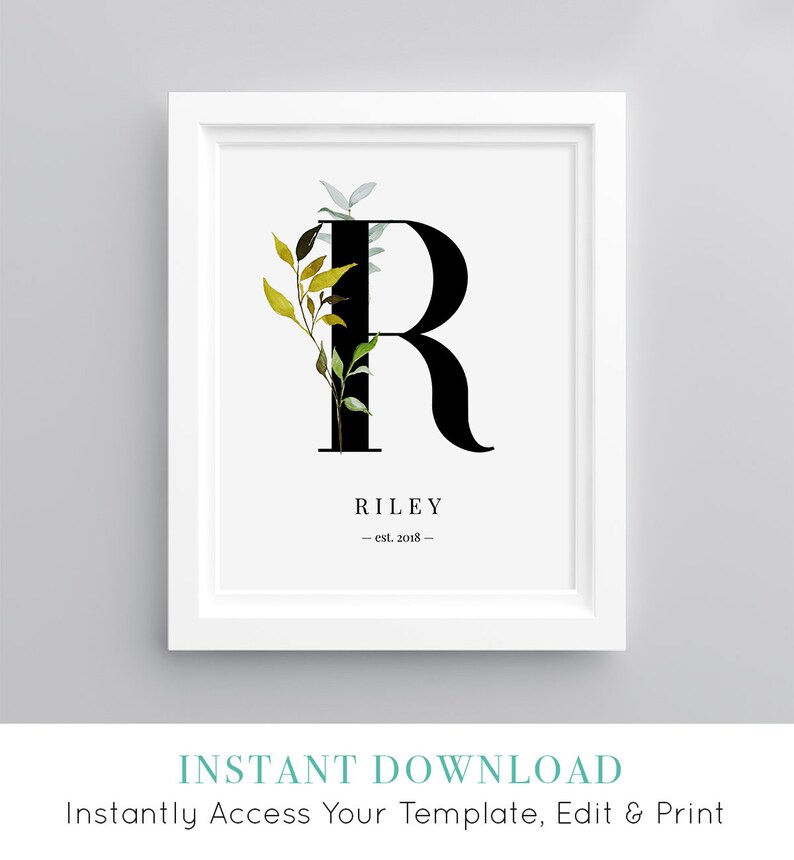 INSTANT DOWNLOAD, Personalized Monogram Sign, Initial R, Printable Nursery Decor, Baby Name Wall Art, DIY Editable File, Templett 068WA image 1