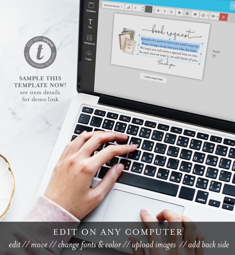 K&ouml;nnte beinhalten: Ein Laptop mit einer wei&szlig;en Tastatur und einem blau-wei&szlig;en Bildschirm, auf dem eine Buchwunschvorlage angezeigt wird. Der Text auf dem Bildschirm lautet "book request" und "Instead of a card we have one small request. Please bring a book that you like the best. We hope you will write a special line or two. So each time we read it, we will think of you. Thank you."