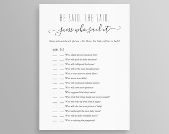 He Said She Said Baby Shower Game, Printable Guess Who Said It, Gender Neutral Shower, Instant Download, 100% Editable, Templett  #015BG05