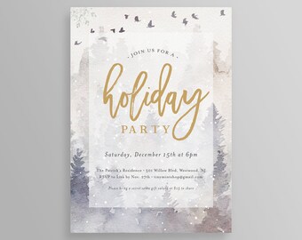 Winter Holiday Party Invitation Template, Printable Christmas Party Invite, Editable Text, Pine Trees, INSTANT DOWNLOAD, Templett #087HP2
