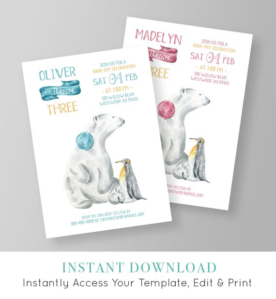 winter birthday invitation template printable polar bear etsy winter party invitation template