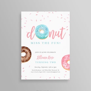 Donuts verjaardagsfeestje uitnodiging afdrukbare, Donut Miss the Fun uitnodigen, zelf-bewerkbare sjabloon, INSTANT DOWNLOAD, Templett, DIY #083BD