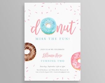 Donuts Birthday Party Invitation Printable, Donut Miss the Fun Invite, Self-Editable Template, INSTANT DOWNLOAD, Templett, DIY #083BD