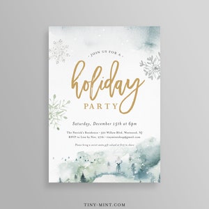 Holiday Party Invitation Template, Rustic Christmas Party Invite, Editable Text, Snowflake, Pine Tree, Winter, INSTANT DOWNLOAD, DIY #087BS3