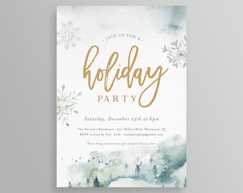 Holiday Party Invitation Template, Rustic Christmas Party Invite, Editable Text, Snowflake, Pine Tree, Winter, INSTANT DOWNLOAD, DIY #087BS3