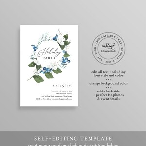 K&ouml;nnte beinhalten: Vorlage f&uuml;r eine Einladung zur Weihnachtsfeier mit einem Aquarell-Blumenkranz-Design. Die Einladung hat einen wei&szlig;en Hintergrund mit Text und einen Kranz aus blauen Beeren, wei&szlig;en Blumen und gr&uuml;nen Bl&auml;ttern. Das Datum ist der 15. Dezember.
