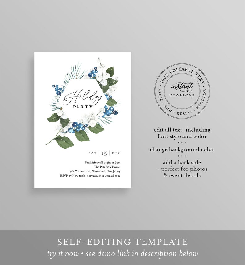 K&ouml;nnte beinhalten: Vorlage f&uuml;r eine Einladung zur Weihnachtsfeier mit einem Aquarell-Blumenkranz-Design. Die Einladung hat einen wei&szlig;en Hintergrund mit Text und einen Kranz aus blauen Beeren, wei&szlig;en Blumen und gr&uuml;nen Bl&auml;ttern. Das Datum ist der 15. Dezember.