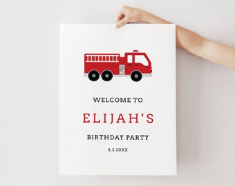 Firetruck Welcome Sign Template, Fire Truck Birthday Poster Sign, 100% Editable Text, Instant Download, Templett, 18x24, 24x36 #108WS