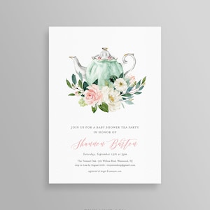 May include: A baby shower invitation featuring a watercolor illustration of a mint green teapot with gold accents, surrounded by pink and white flowers and green foliage. The invitation includes event details and the text "Shannon Barton".