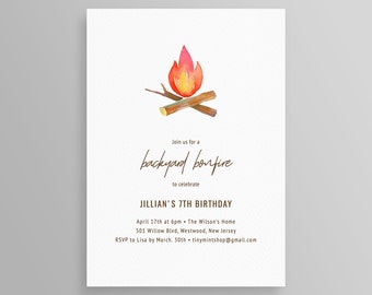 Puede incluir: Una tarjeta de invitación de cumpleaños rectangular blanca con una ilustración en acuarela de una fogata con llamas naranjas y rojas. El texto dice: Join us for a backyard bonfire to celebrate JILLIAN'S 7TH BIRTHDAY, April 17th at 6pm, The Wilson's Home, 501 Willow Blvd, Westwood, New Jersey, RSVP to Lisa by March. 30th, tinymintshop@gmail.com, y TINY-MINT.COM.