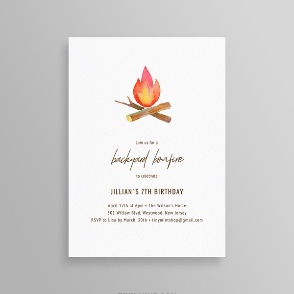 Printable Backyard Bonfire Birthday Invitation Template, Camping Party Invite, 100% Editable Text, INSTANT DOWNLOAD, Templett, DIY #105BD2