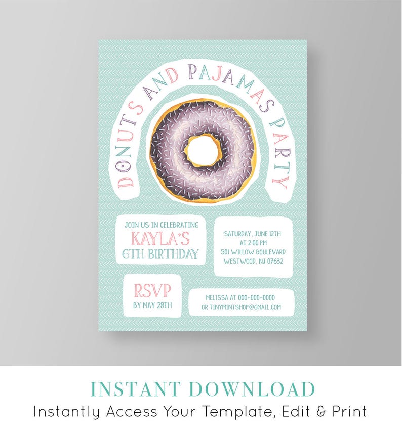 Donuts and Pajamas Birthday Invitation Template, Printable Girls Birthday, Pajama Party Invite, Instant Download, 100% Editable, DIY 021GBD image 1