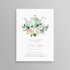 Tea Party Birthday Invitation Template, Printable Girls Birthday Invite, Boho Florals, Editable, Instant Download, Templett, DIY #081GBD3