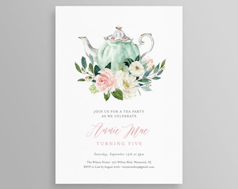 Tea Party Birthday Invitation Template, Printable Girls Birthday Invite, Boho Florals, Editable, Instant Download, Templett, DIY #081GBD3