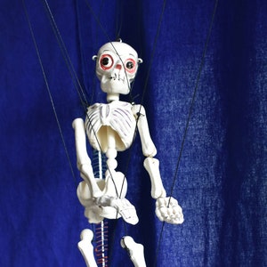 May include: A white plastic skeleton puppet with red eyes hanging from strings against a blue background.