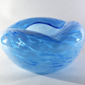 Vintage Hand-Blown Blue and White Art Glass Swirl Bowl, Free Shipping