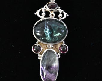 Vintage Fluorite and Garnet Pendant, Free Shipping