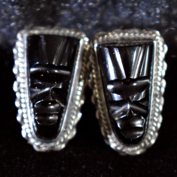 Vintage Signed ACE Guadalajara Sterling Silver and Onyx Aztec Warrior Earrings FREE SHIPPING