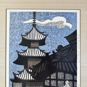 Vintage Signed Kyioshi Saito Japanese Woodblock Print of Pagoda, Free Shipping