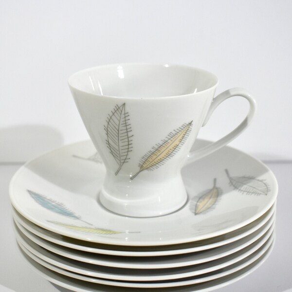 Mid Century Modern Raymond Loewy Rosenthal Form 2000 Bunte Blaetter Coffee Tea Cups and Saucers, Set of 6 FREE SHIPPING