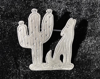 Vintage Signed Don Lucas Sterling Silver Howling Wolf with Cactus Brooch, Free Shipping