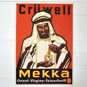 Vintage 1930s alemán Cruewell tabaco cartel publicitario Mekka árabe, envío gratis