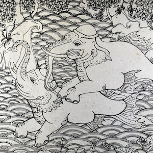 May include: Black and white line drawing of two elephants, one with a fish tail, on a background of stylized waves. The elephants are facing each other, with the fish-tailed elephant standing on its hind legs.