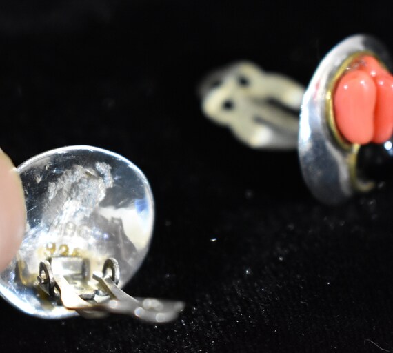 Vintage Signed Sterling Silver, Coral and Onyx Cl… - image 8