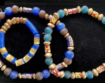 Vintage African Krobo and Venetian Millefiori Glass and Brass Trade Beads, 3 Hanks, Free Shipping