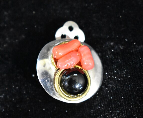 Vintage Signed Sterling Silver, Coral and Onyx Cl… - image 4