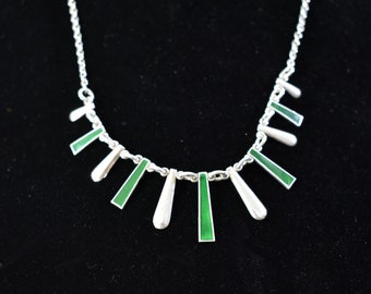 Signed Modernist Danish Volmer Bahner Sterling and Green Guilloche Enamel Necklace, Free Shipping