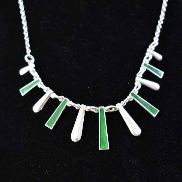 Signed Modernist Danish Volmer Bahner Sterling and Green Guilloche Enamel Necklace, Free Shipping