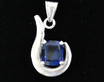 Vintage Modernist Taxco Sterling Silver and Blue Glass Pendant, Free Shipping