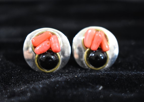 Vintage Signed Sterling Silver, Coral and Onyx Cl… - image 1