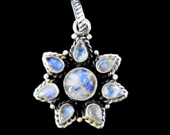 Vintage Sterling Silver and Moonstone Flower or Star Pendant, Free Shipping