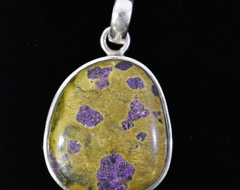 Vintage Sterling Silver and Atlantisite Stichtite in Serpentine Yellow and Purple Pendant, Free Shipping