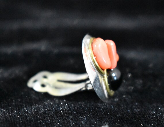 Vintage Signed Sterling Silver, Coral and Onyx Cl… - image 6
