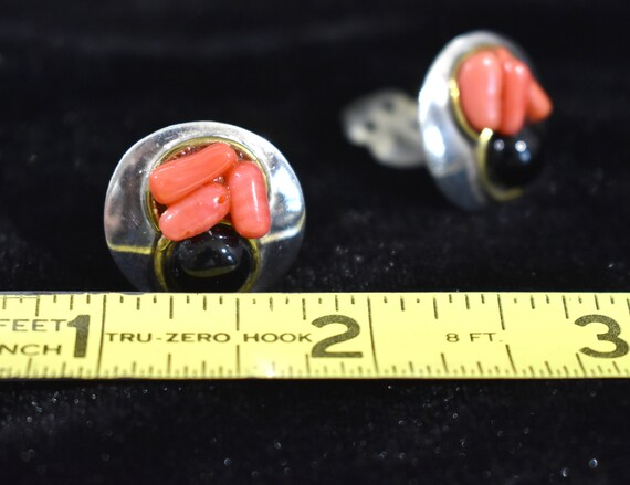 Vintage Signed Sterling Silver, Coral and Onyx Cl… - image 10