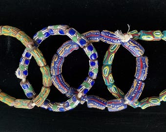 Vintage Mixed African Krobo Glass Trade Beads, 4 Hanks, Free Shipping
