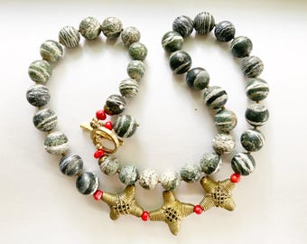 Vintage African Zebra Jasper and Brass Necklace, Free Shipping