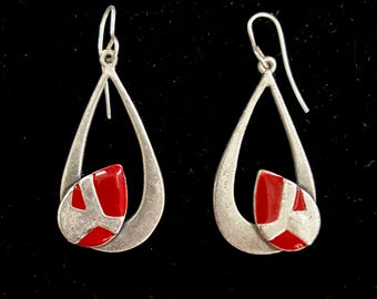 Vintage Modernist Sterling Silver and Red Enamel Teardrop Earrings, Free Shipping