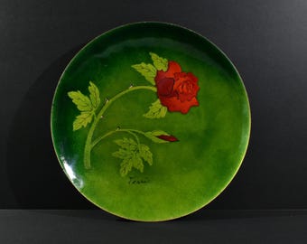 Signed BovanoTerri Red Rose Enamel Copper Dish 1950s-60s, Free shipping