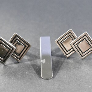 Vintage Modernist Geometric Silver- Tone Cuff Links and Tie Bar Set, Free Shipping